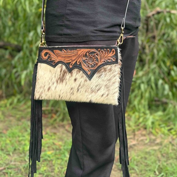 Genuine Leather Hand Tooled Hair-on Women Bag Western Handbag, Fringe Bag - Picture 1 of 7